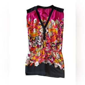 BCBG Max Azria 100% Silk Multicolor Floral Dress Drop Waist  Y2K Cap Sleeve